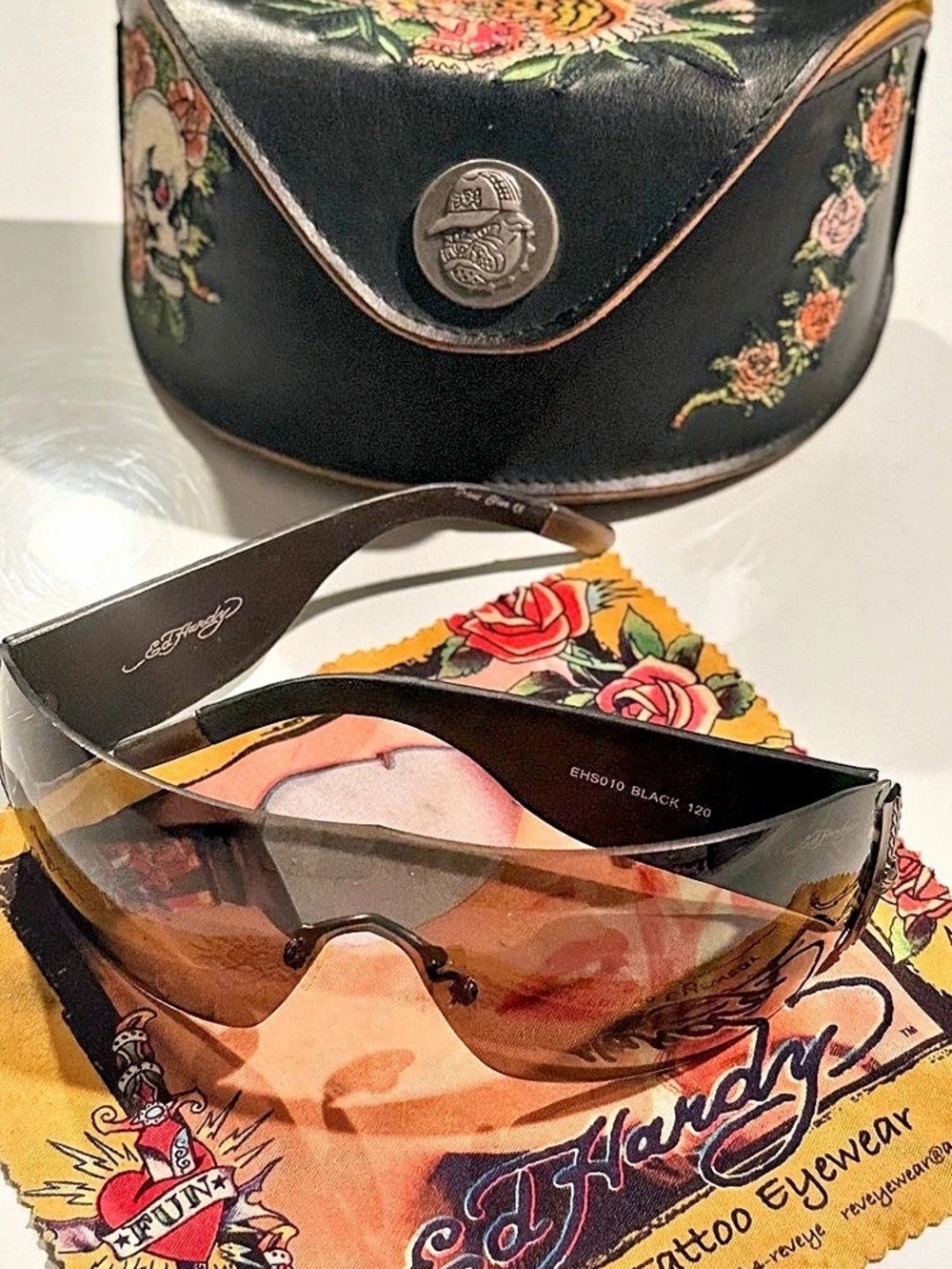 Ed Hardy Vintage Tattoo Eyewear Shield Sunglasses with Case Black & Brown